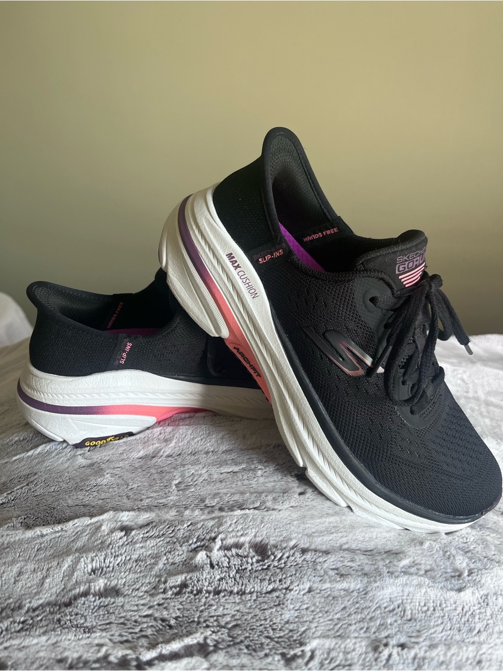 Skechers Women’s Black Athletic Walkers with Pink and Purple Accents